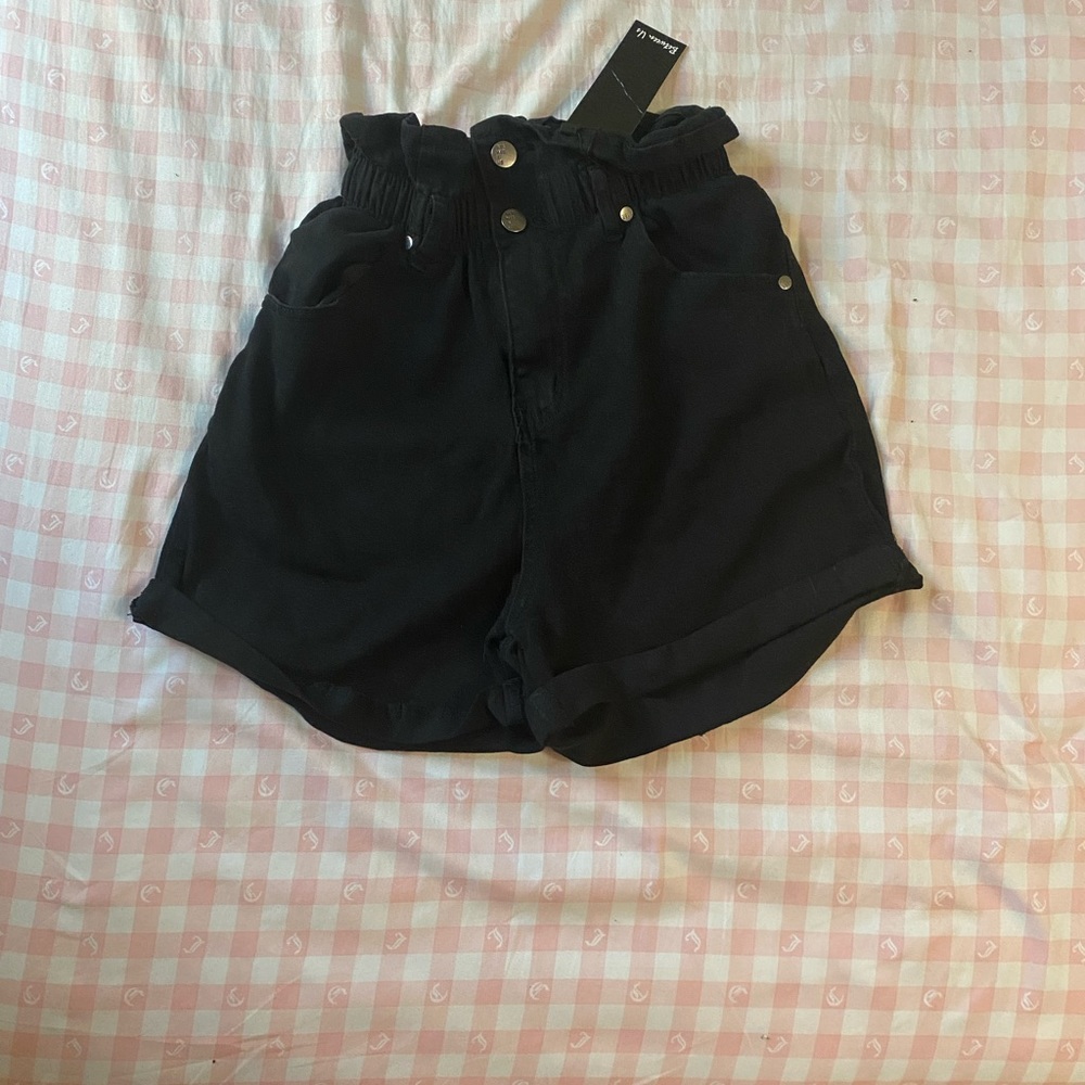Between Us Paperbag Cuffed Denim Shorts Black Small